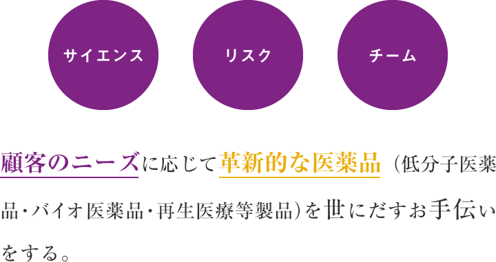 顧客のニーズに応じて革新的な医薬品（低分子医薬品・バイオ医薬品・再生医療等製品）を世にだすお手伝いをする。